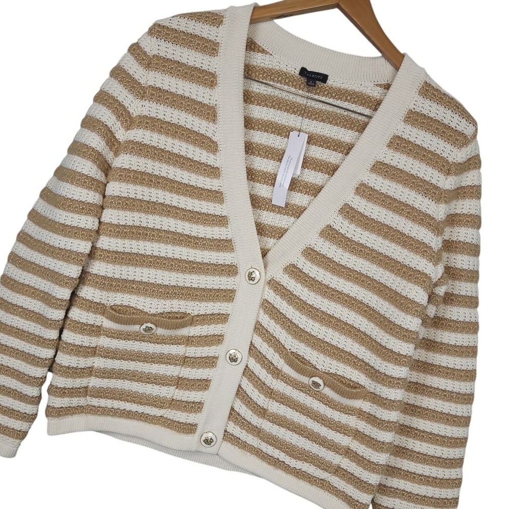 Talbots Kate Cardigan Sweater Womens M Ivory Toasted Coconut Metallic Wool NWT